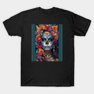 Floral Fiesta: Woman Embraces Dia de los Muertos with Sugar Skull Makeup T-Shirt